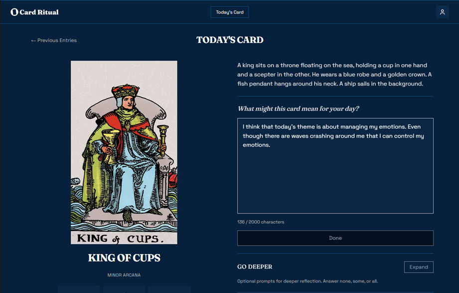 Card Ritual app showing today's card